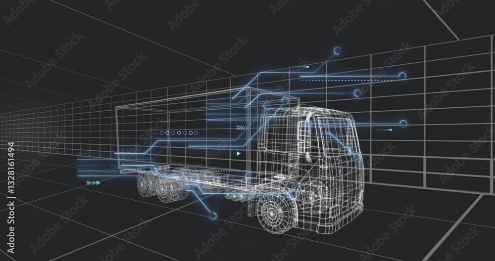 Poster Animation of futuristic wireframe truck with digital data elements in school project