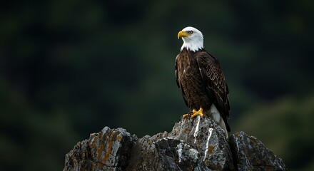 Bald Eagle Perched on Rock Outcrop Looking Off Into Distance
