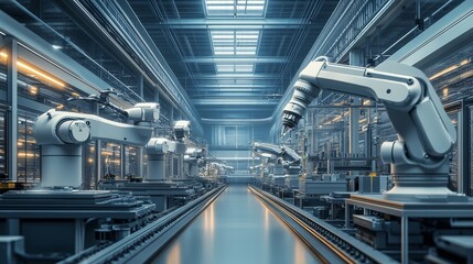 Obraz premium A modern factory hall with three white robotic arms working on the production line
