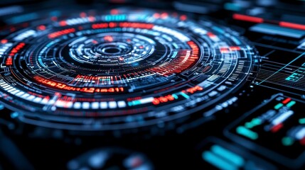 Futuristic Digital Interface with Circular Patterns and Data Visuals