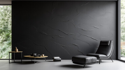 Modern Dark Living Room Interior with Black Accent Wall and Leather Lounge Chair