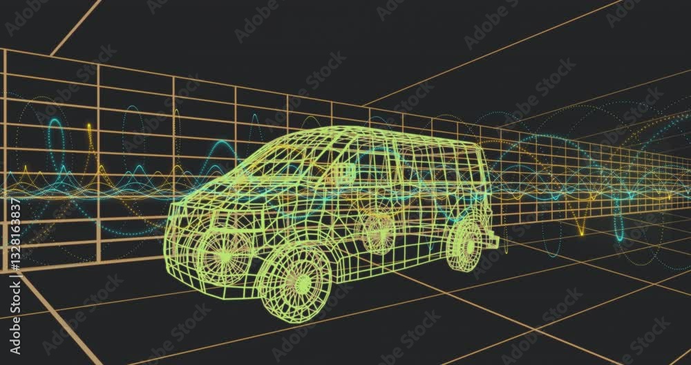 Poster In school, animation of wireframe car model with dynamic data visualization