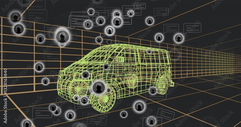 Poster wireframe vehicle with animation surrounded by digital network icons in school