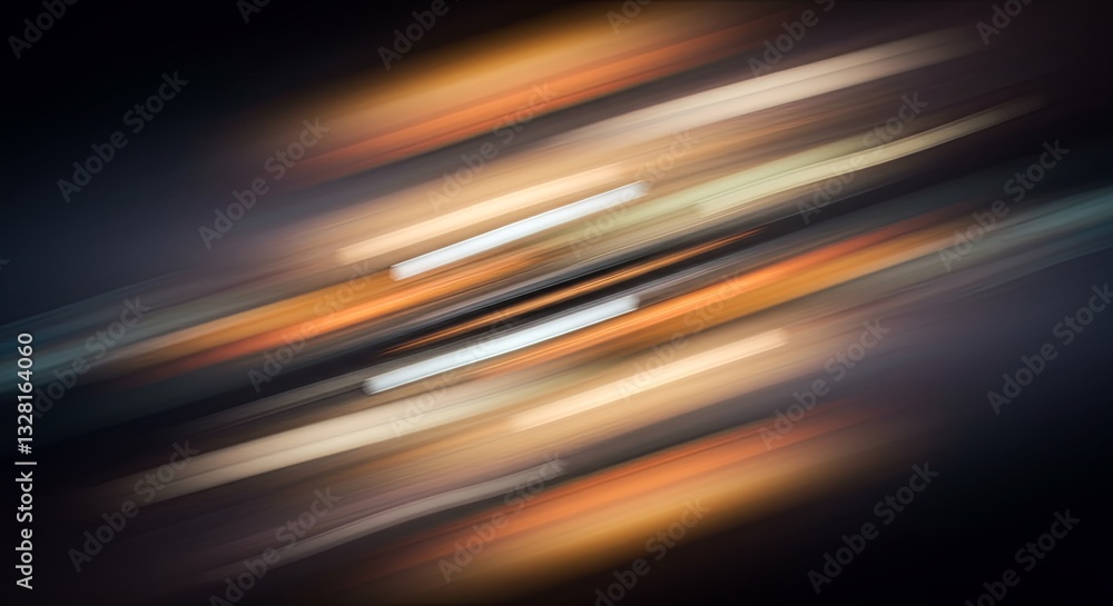 Poster a blurry image of a line of lights with a dark background