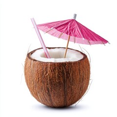Minimalist isolated on white Summer Travel and Vacation Outdoor, Isolated Coconut with Straw and Umbrella on White Background