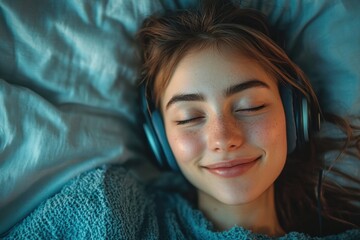 Fototapeta premium Teenage girl sleeps peacefully wearing headphones. Illustrates relaxation, tranquility, and peaceful sleep.