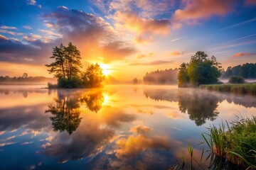Obraz premium Misty Morning Lake Sunrise Reflection - Peaceful Serene Nature Scene