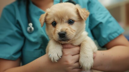 A veterinarian comforting a nervous puppy during a check-up.