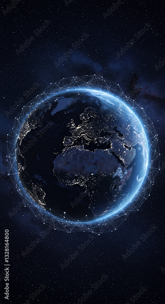 Poster earth at night: illuminated globe with data network in space. a vision of global connectivity and te
