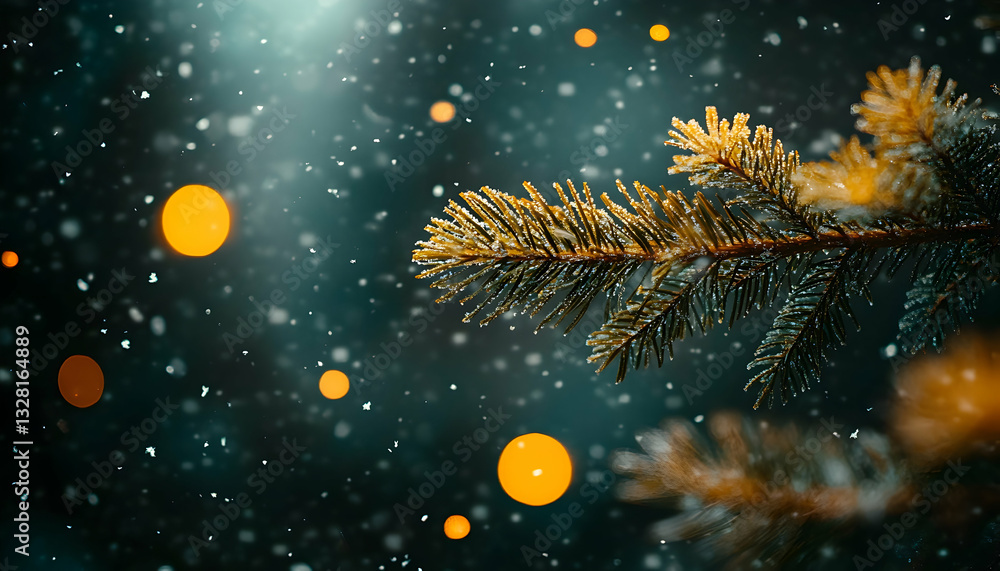 Poster frosty pine branch in snowfall, illuminated by warm lights, creating a magical winter scene