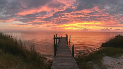 Fototapeta premium Coastal sunset over calm water, wooden pier, tranquil beach scene; perfect for travel brochures