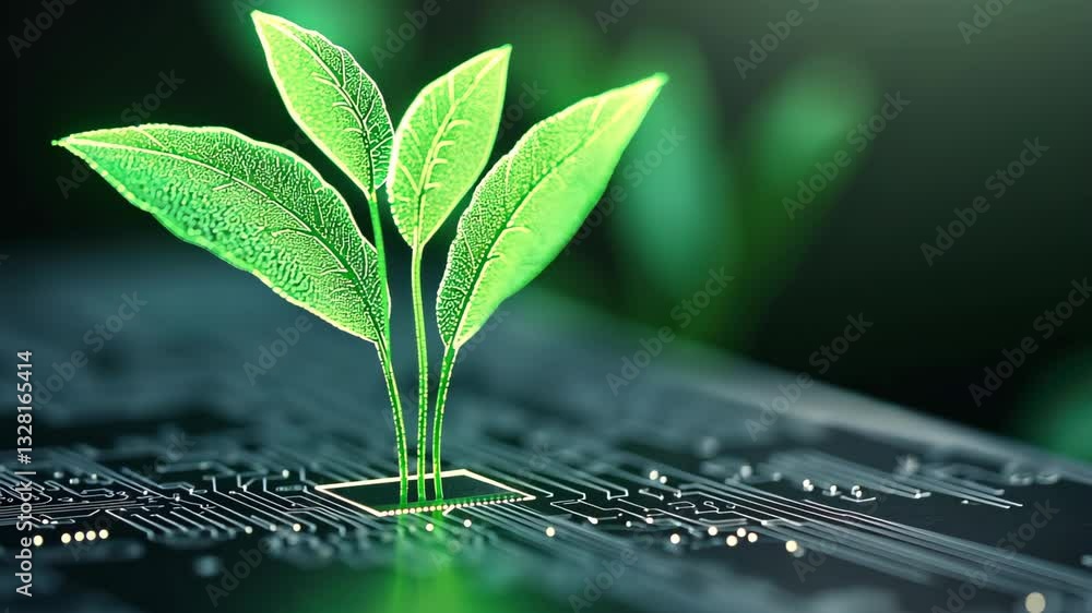 Poster glowing green plant emerging from computer chip symbolizing technology and nature integration with f