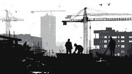Obraz premium Construction site silhouette, workers, cranes, urban background, illustrative, stock photo