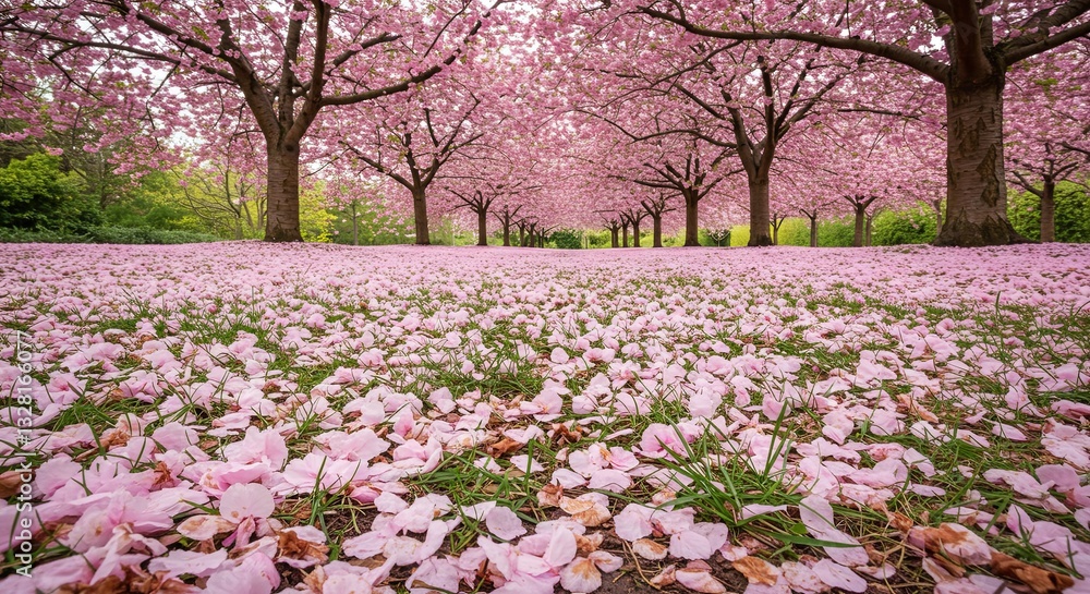 Poster a field of pink flowers with trees in the background