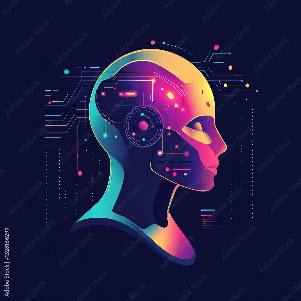 Aufkleber androgynous robotic head with internal circuitry in vibrant colors