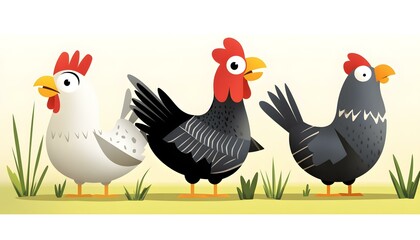 Fototapeta premium Cartoon Chicken Trio on Farm