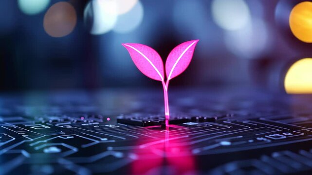Glowing Plant Growing on Computer Chip Illustrating Fusion of Nature and Technology in Futuristic Digital Environment