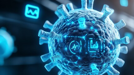 Blue Microbe with Digital Interface and Data Visualization Elements