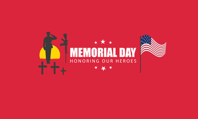 Memorial Day tribute with soldier saluting, battlefield cross, and American flag on red background