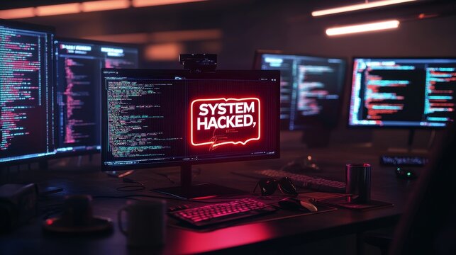System hacker in screen desk, hacker's work environment, 3D rendering