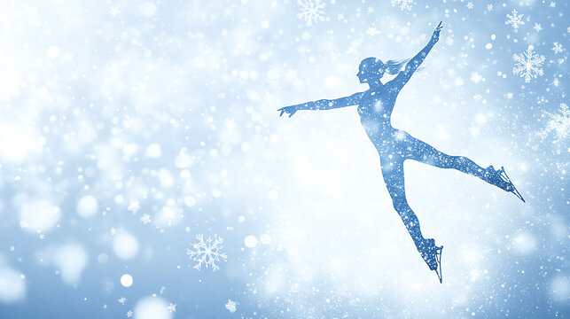 A graceful figure skater statue executing a jump, surrounded by glimmering snowflakes, on a bright white background