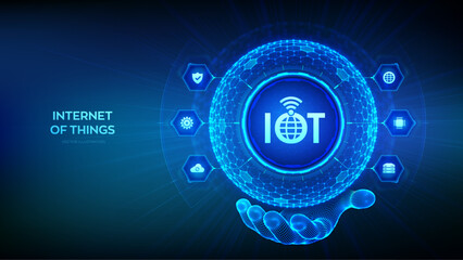 IOT. Internet of things. Everything connectivity device concept network, and business with internet. 3D sphere with surface of hexagons with IOT icon in wireframe hand. Vector illustration.