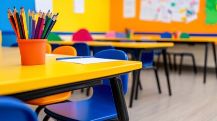 Bright and Colorful Classroom with Art Supplies on Desks