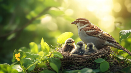 A mother sparrow tends to her baby birds nestled in a tree, surrounded by lush greenery under bright sunlight. The tender moment exudes the beauty and harmony of nature.