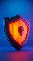 Pixelated Shield of Security: Digital Protection, Cybersecurity, Data Safety, Tech, Innovation, Voxel Art, 3D Render