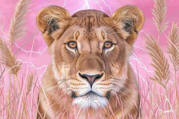 Majestic lioness in pink savanna with lightning