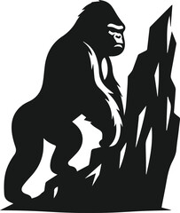 black silhouette of a gorilla on a rocky cliff