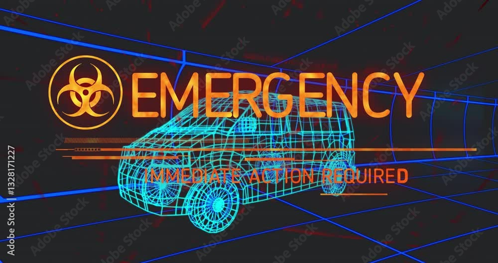 Poster emergency alert text over wireframe vehicle and grid background animation