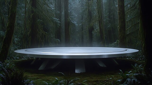 Futuristic platform in misty forest.