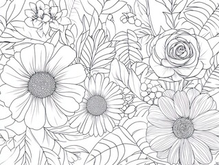Line art floral bouquet, white background, seamless pattern, design