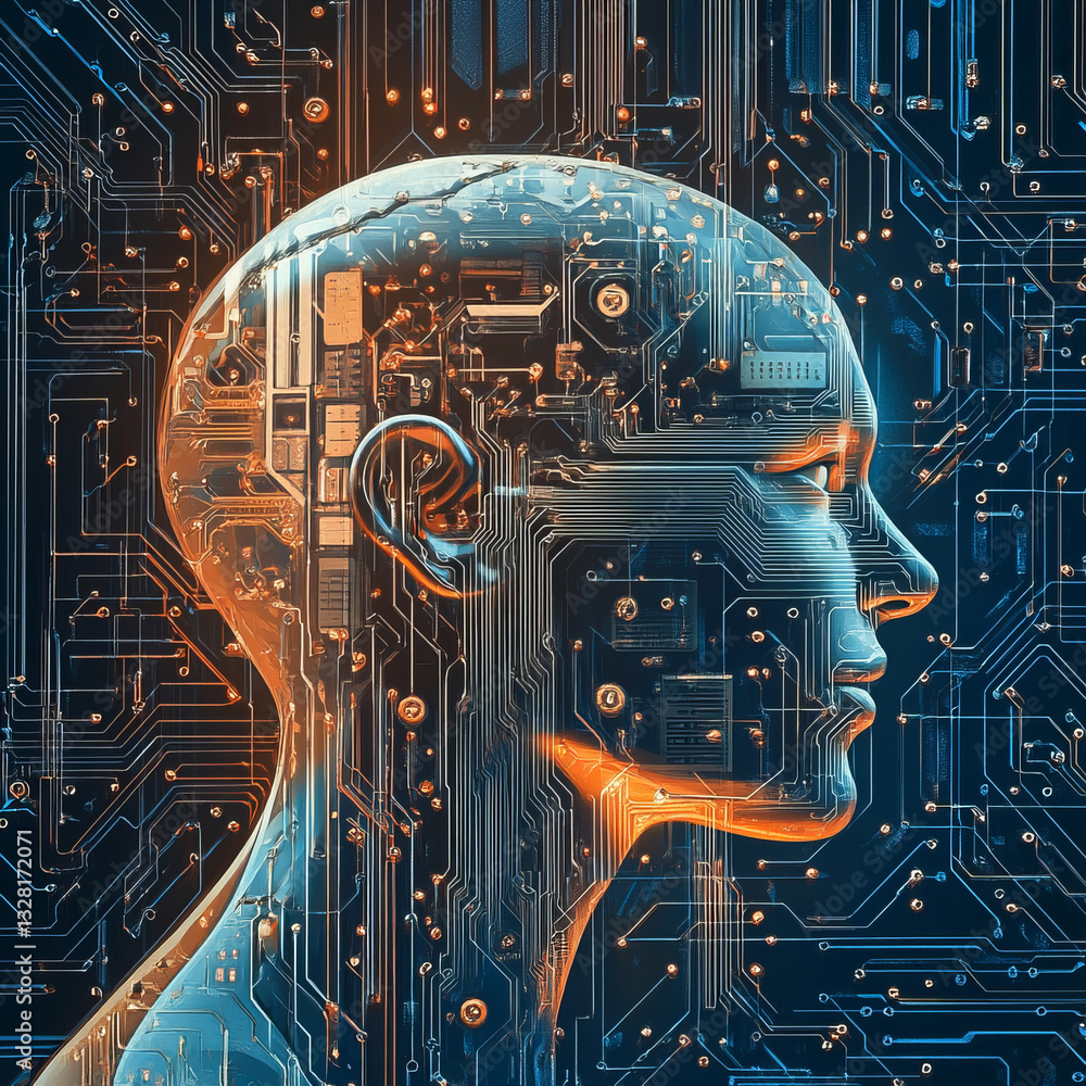 Poster human-like head composed of circuitry with glowing patterns