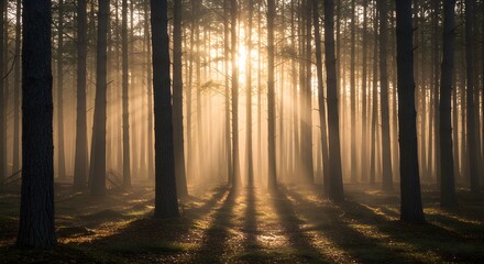 Naklejka premium Sunlight Streaming Through Misty Pine Forest in Early Morning
