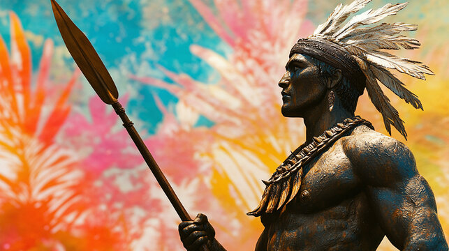 A powerful Native Hawaiian warrior statue with a spear, set against a vibrant tropical background