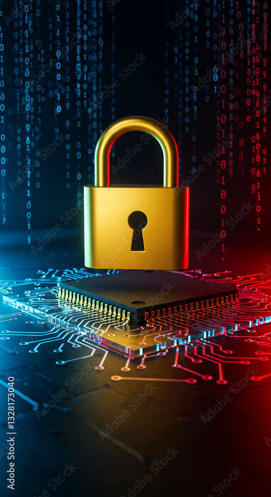 Poster cybersecurity lock: data protection, network security, chip, code, encryption - secure your digital 