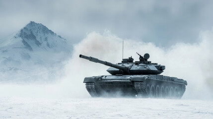 military tank driving through snowy landscape with mountains in background, creating dramatic scene