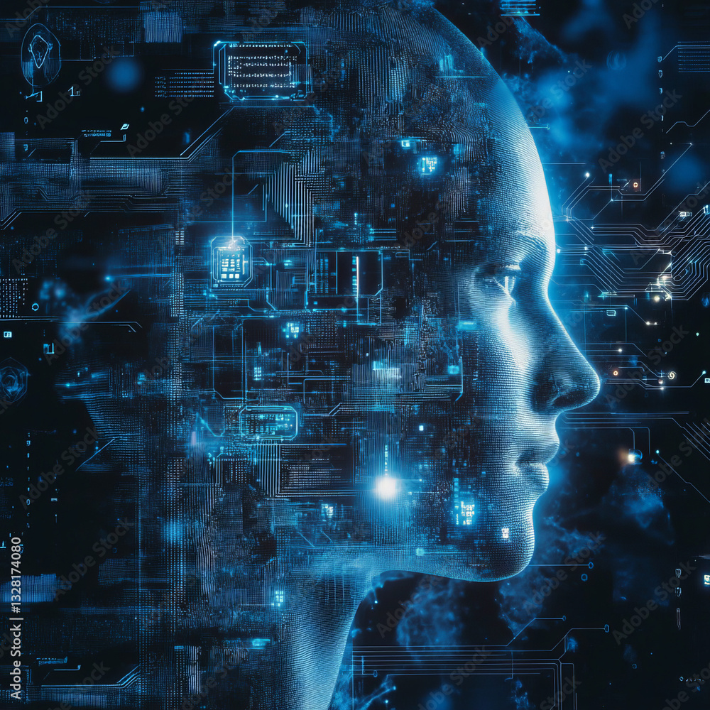Poster woman's profile composed of data streams and circuit lines