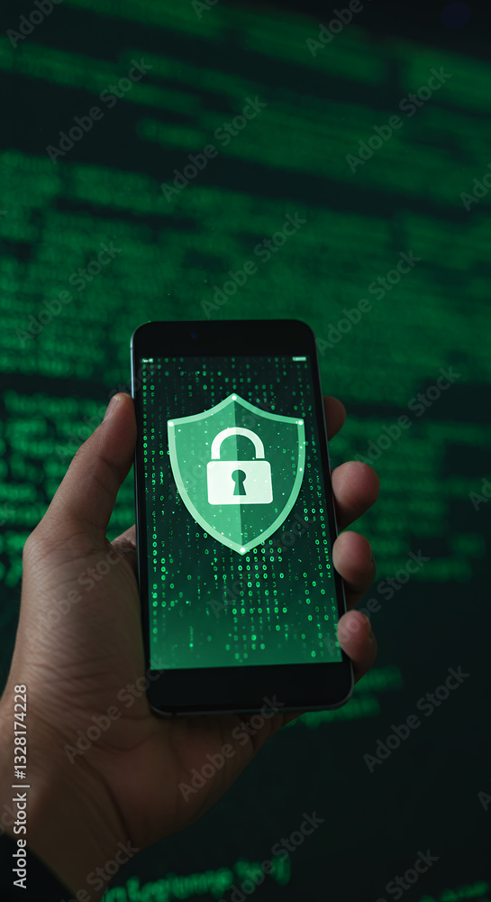 Poster mobile security: shield & lock on phone screen with data code background - protecting your digital l
