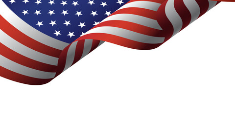 Waving flag of American isolated on star background. Symbols of USA. Template for banner card and advertising