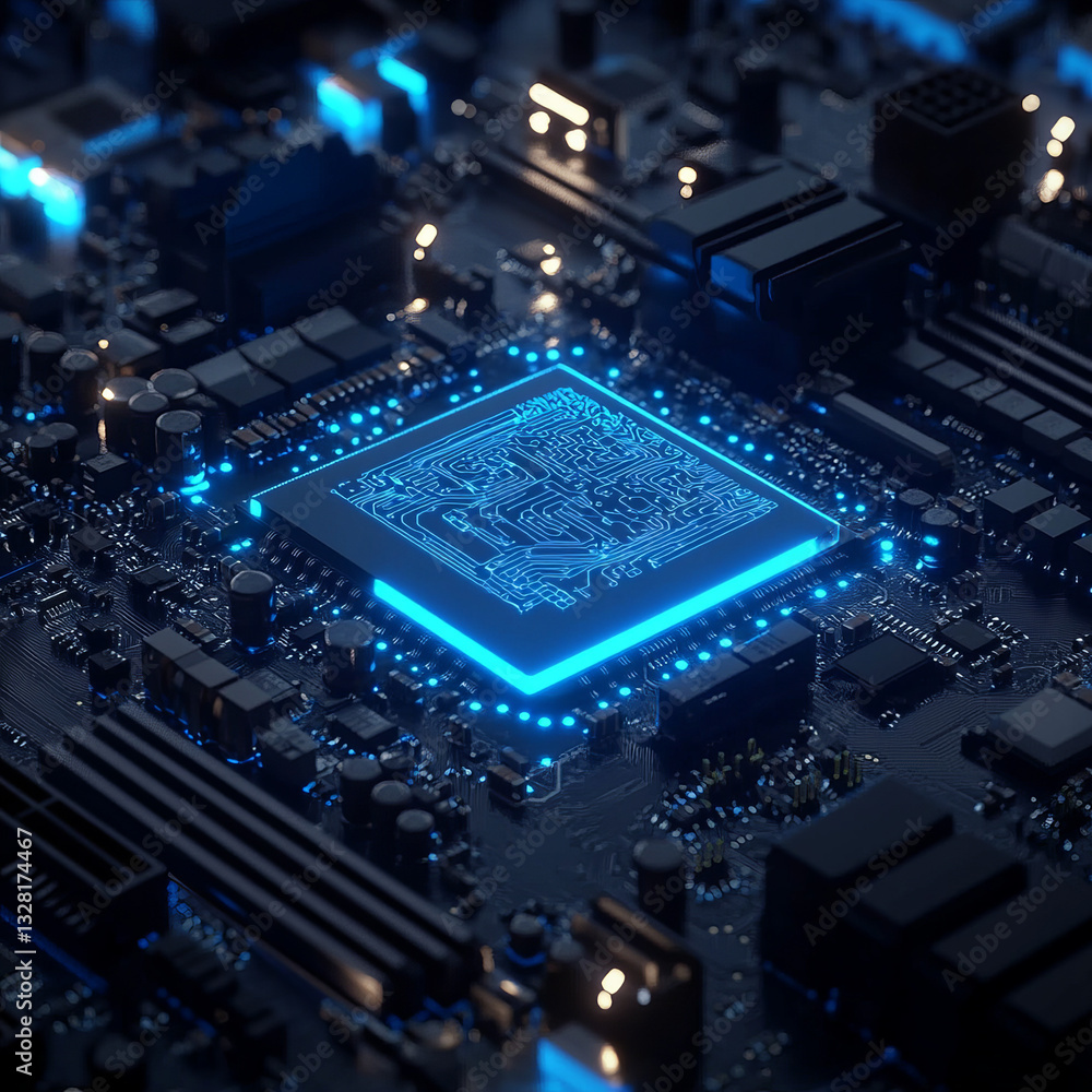 Poster close-up of a glowing blue cpu on a computer motherboard in a sleek, tech environment