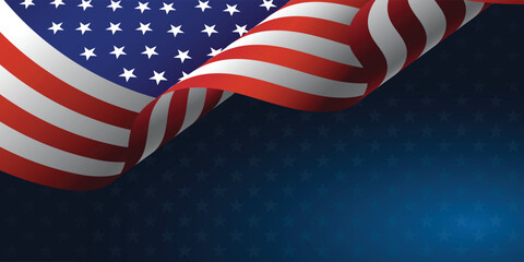 Waving flag of American isolated on star background. Symbols of USA. Template for banner card and advertising