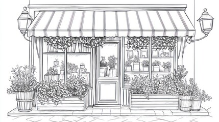 Vintage flower shop sketch, European style, street view, detailed illustration, for print or digital use