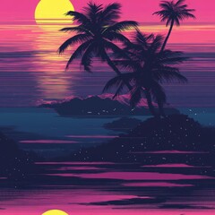 Pattern seamless of Tropical Sunset with Silhouette of Palm Trees and Ocean Waves