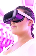 Naklejka premium A plus-size woman wearing virtual reality goggles, 