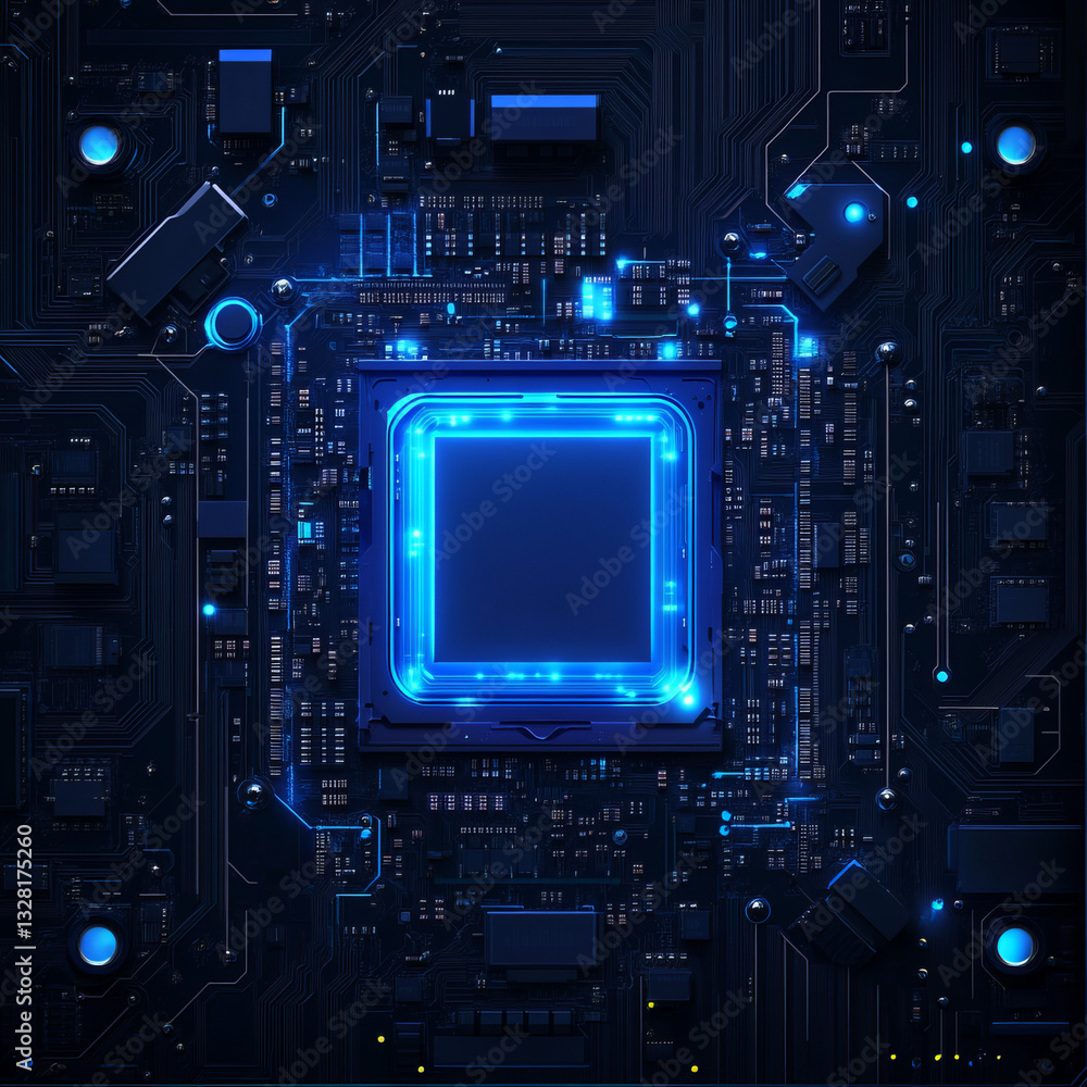 Poster close-up of dark circuit board with glowing blue processor in a sleek tech environment