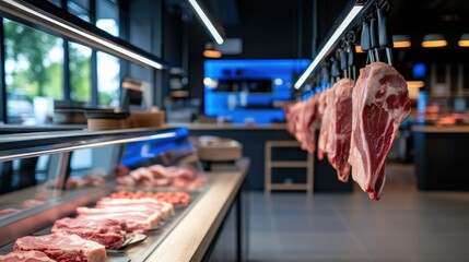 Fresh meat cuts displayed in a modern butcher shop