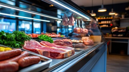 Fresh meats displayed in a refrigerated display case